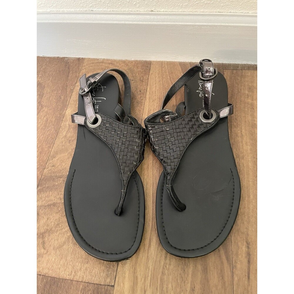 Franco Sarto Womens Black Leather Strappy Flat Sandals Minimalist 11